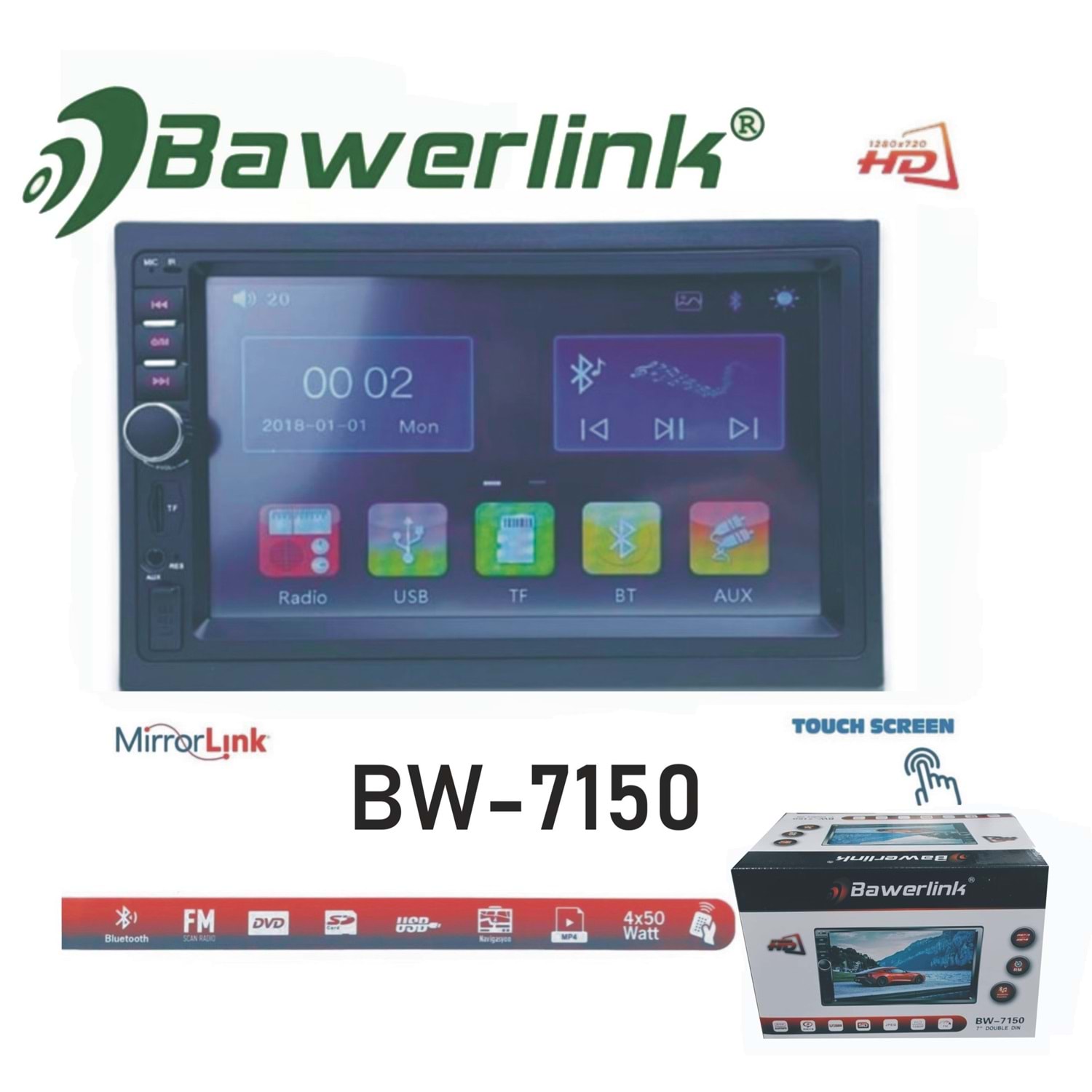 Bawerlink BW-7150Dokunmatik Usb Sd Bt Double(Dabıl)Dın Kamera Hediyeli 7 İnçh  Oto Teyp