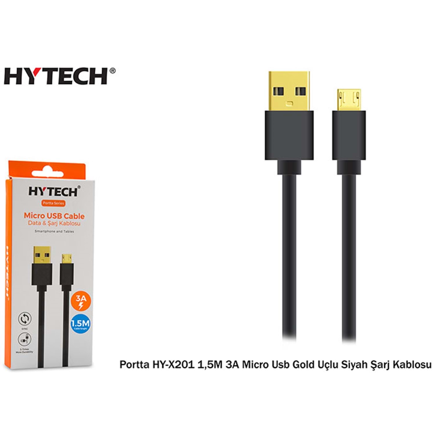 Hytech Portta HY-X201 1,5M 3A Micro Usb Gold Uçlu Beyaz Siyah Şarj Kablosu