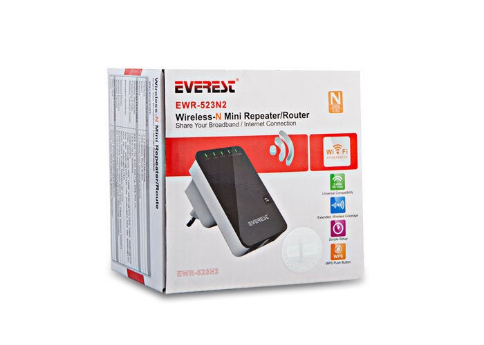  Everest EWR-523N2 Kablosuz-N Multi-Function 300Mbps Repeater+Access Point+Bridge Siyah Client Router